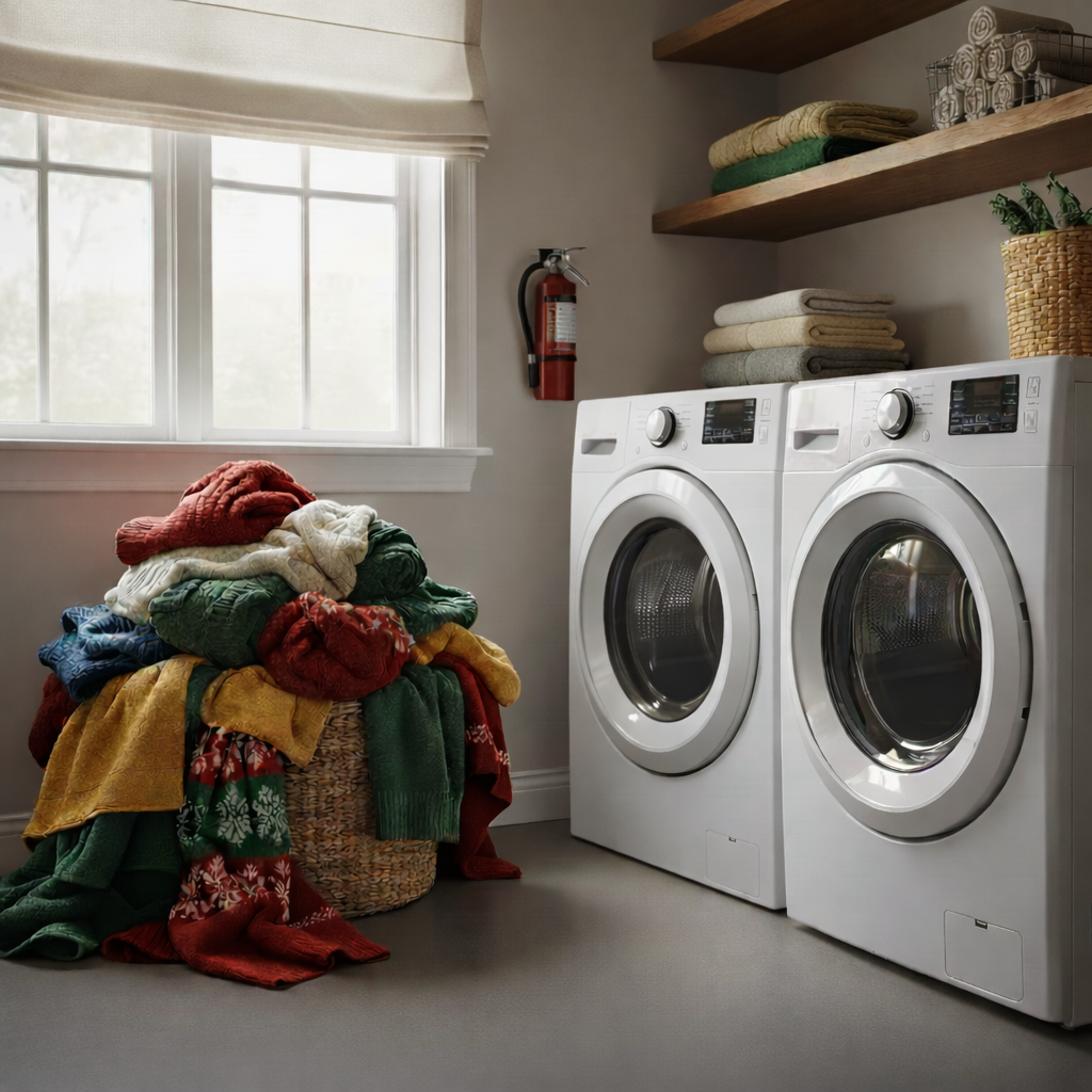 A bright, clean, modern laundry room with a matching white front-loading washer and dryer set.