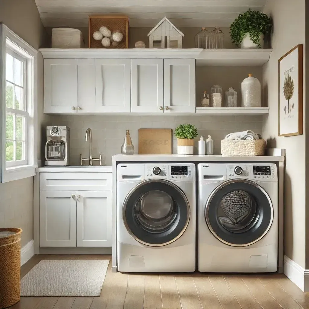 Modern laundry room with a clean dryer and organized, lint-free vent system.