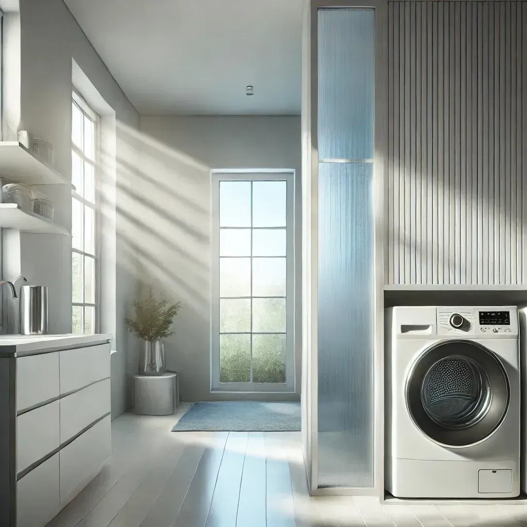 Clean suburban laundry room in winter with modern washer, dryer, snowy window view, and cozy decor