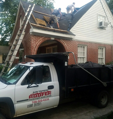Men Working on the Roof with Their Truck Below — Columbus, GA — Alan Townsend Roofer