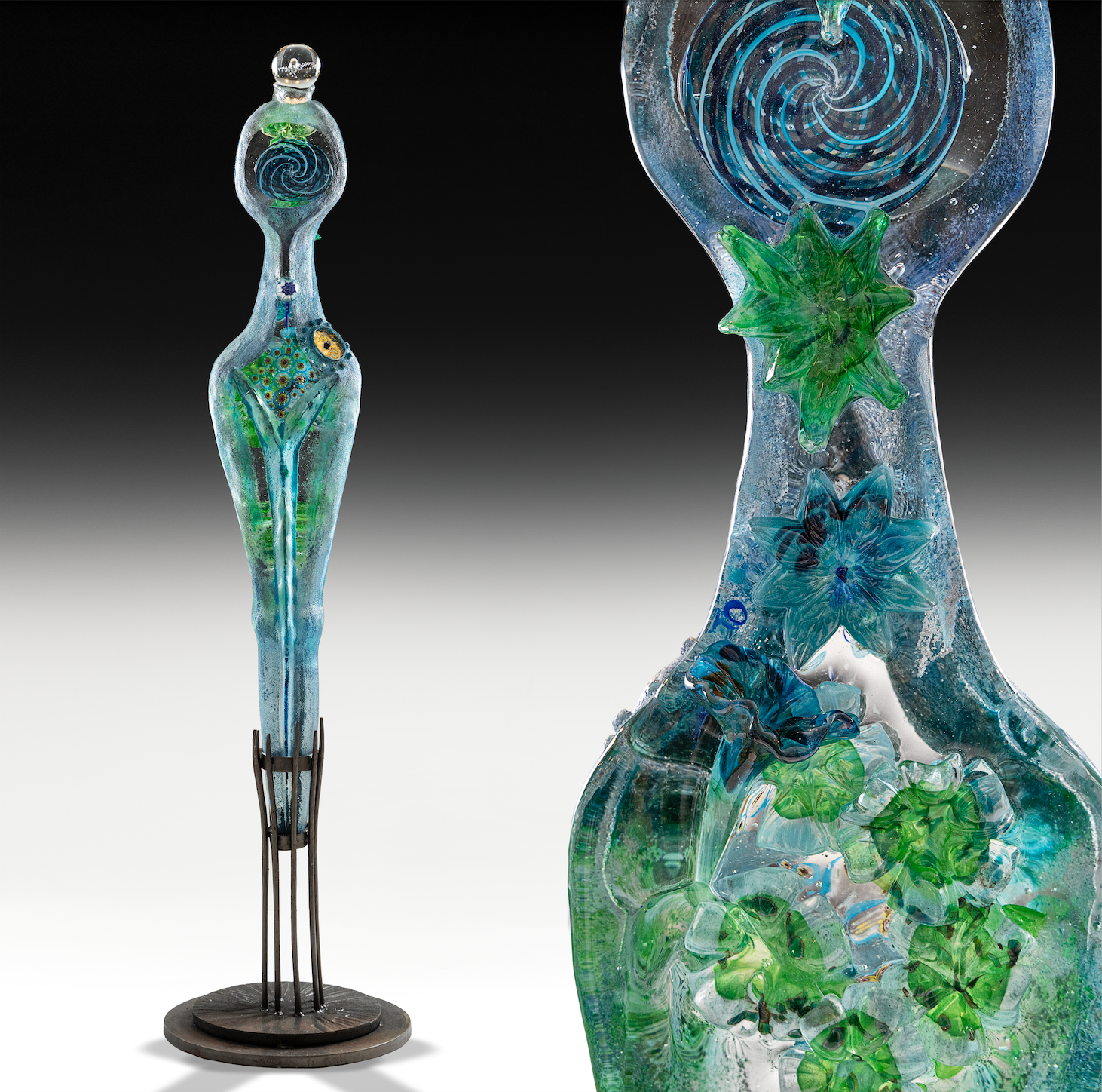 A statue of a woman with a swirl on her head