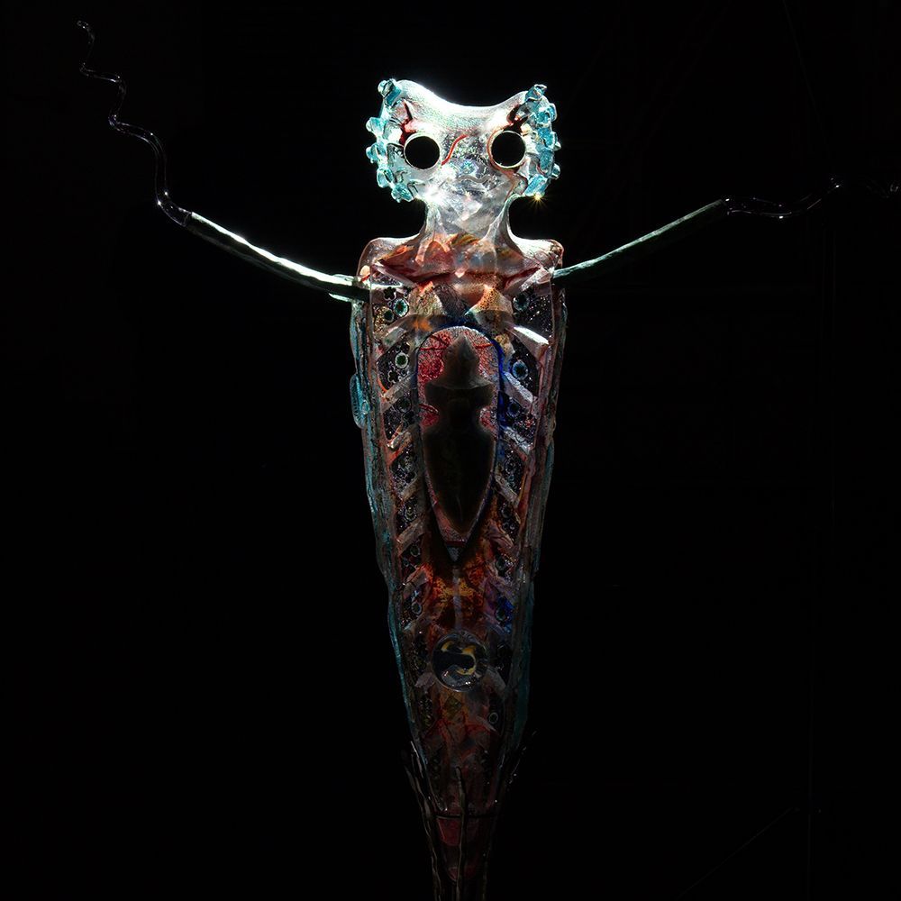 A close up of a creature on a black background.