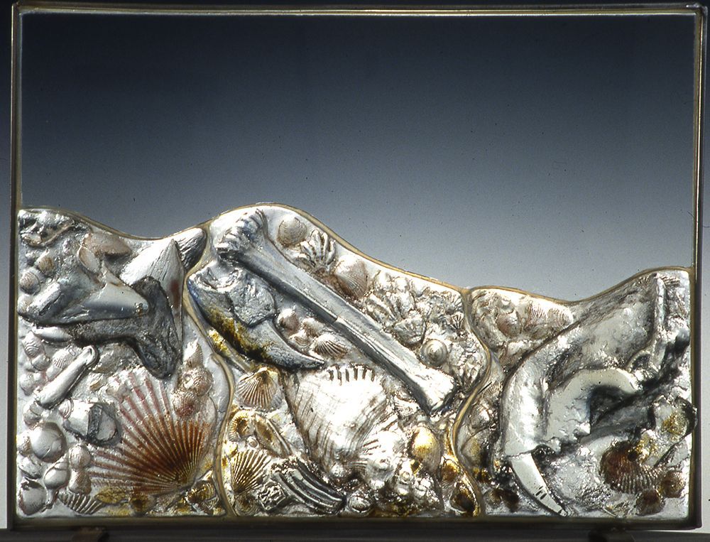 A painting of seashells and fish on a blue background