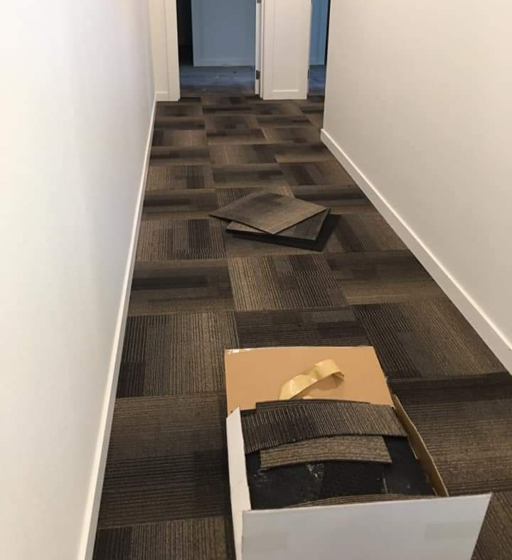 More geometric carpet tiles are being installed in the hallway of this business.