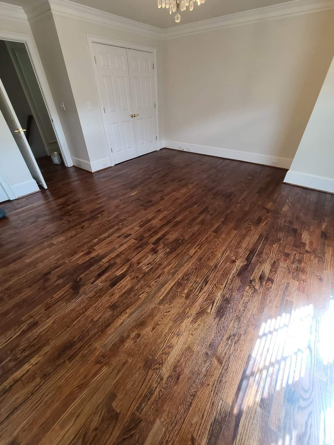 A beautiful shine on this freshly installed wood floor brings the room together.