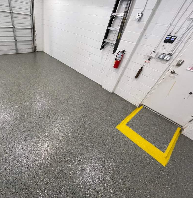 Flake epoxy flooring pours are complicated, but this one turned out great.