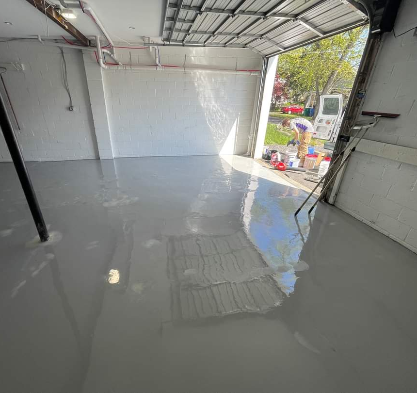 This epoxy flooring pour is still in the process of curing.
