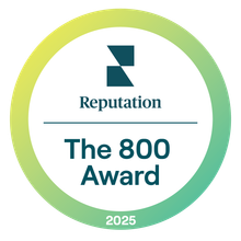 Reputation 800 Award logo in teal and yellow; 2025.