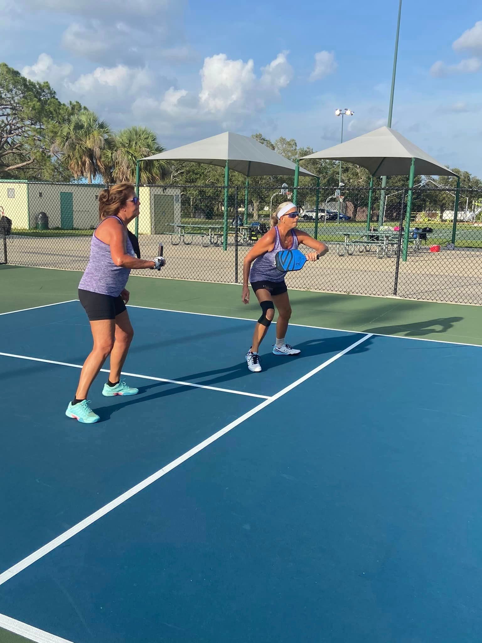 Two Women Wearing Violet Shirt Playing Pickleball — North Port, FL — Team Doogie