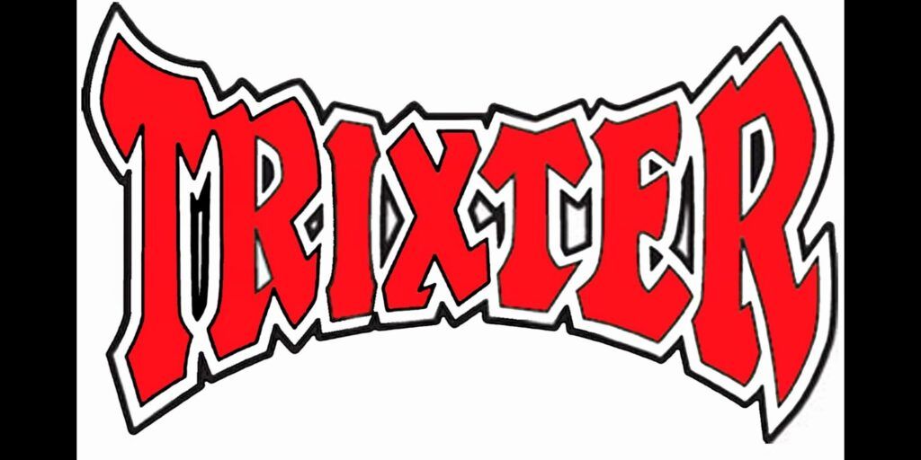 A red and white logo for trixter on a white background.