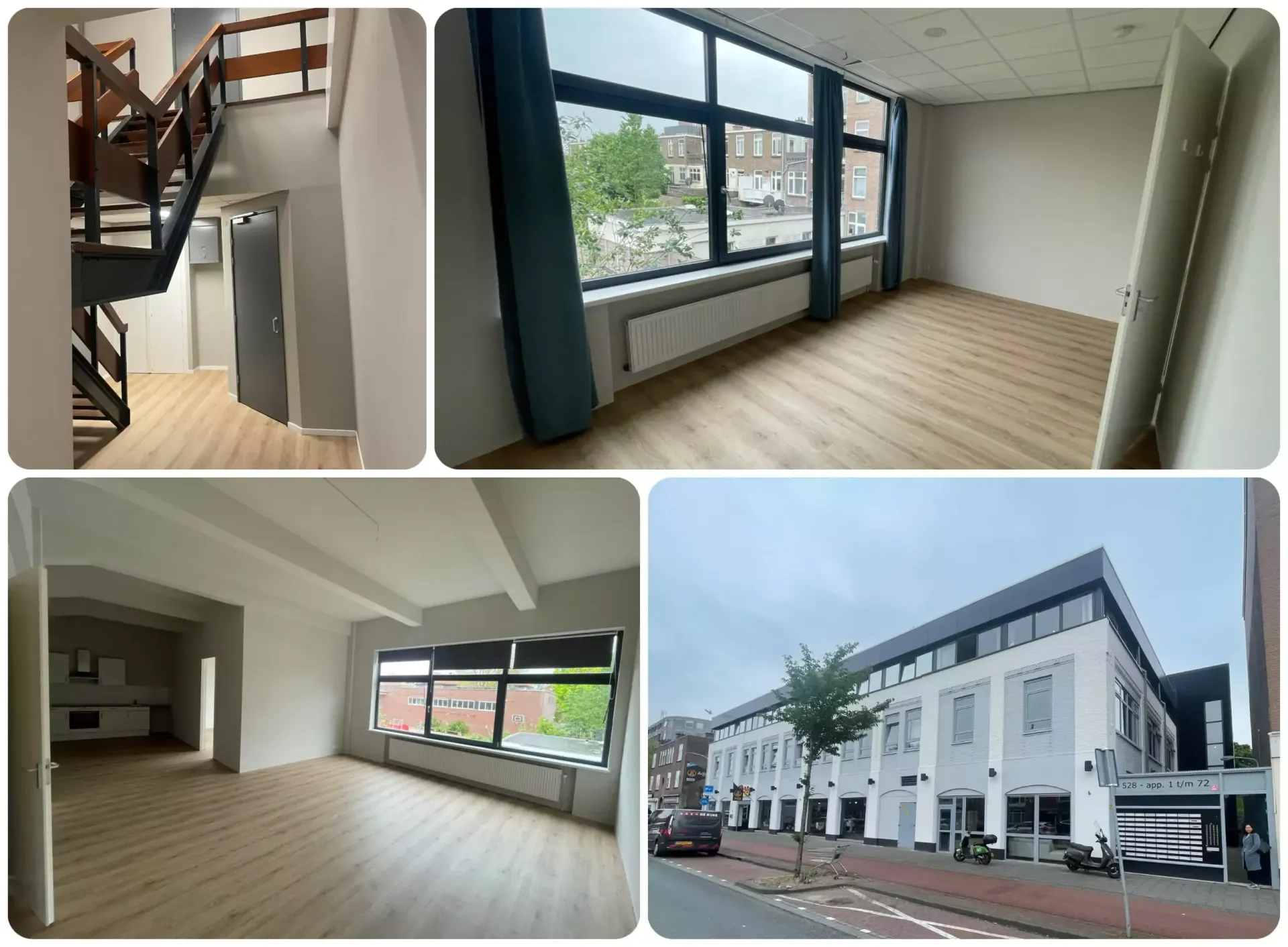 A collage of four pictures of a building and a room.