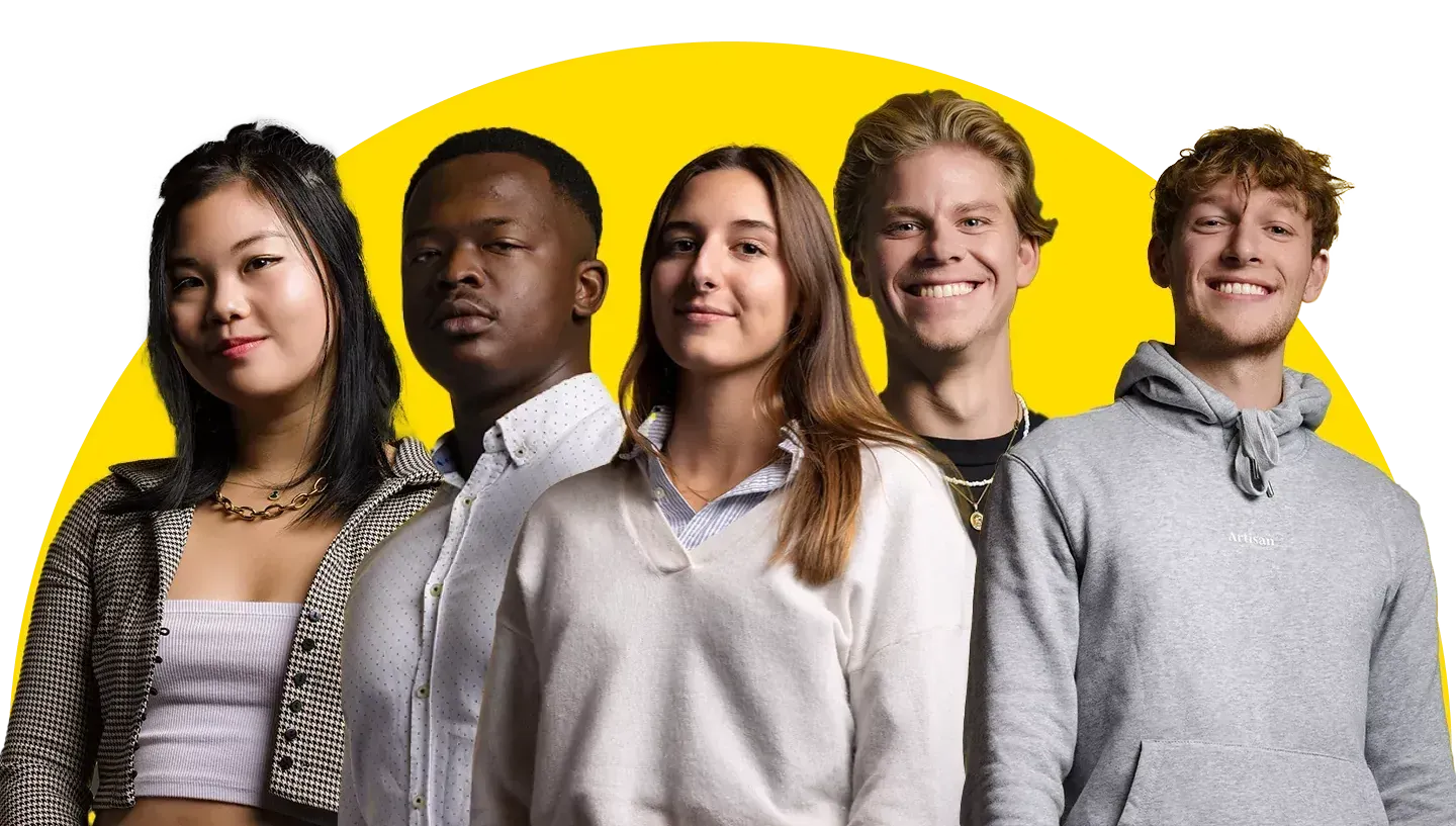 A group of young people are standing next to each other in front of a yellow circle.