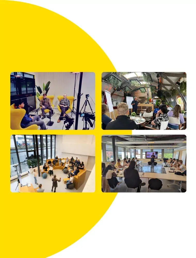 A collage of four pictures of people sitting at tables in a room.