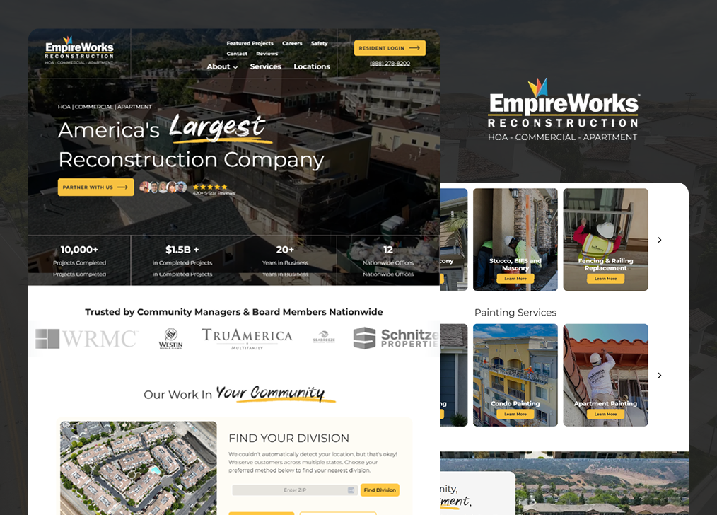 Homepage screenshot of EmpireWorks Reconstruction website with dark hero banner and project image tiles