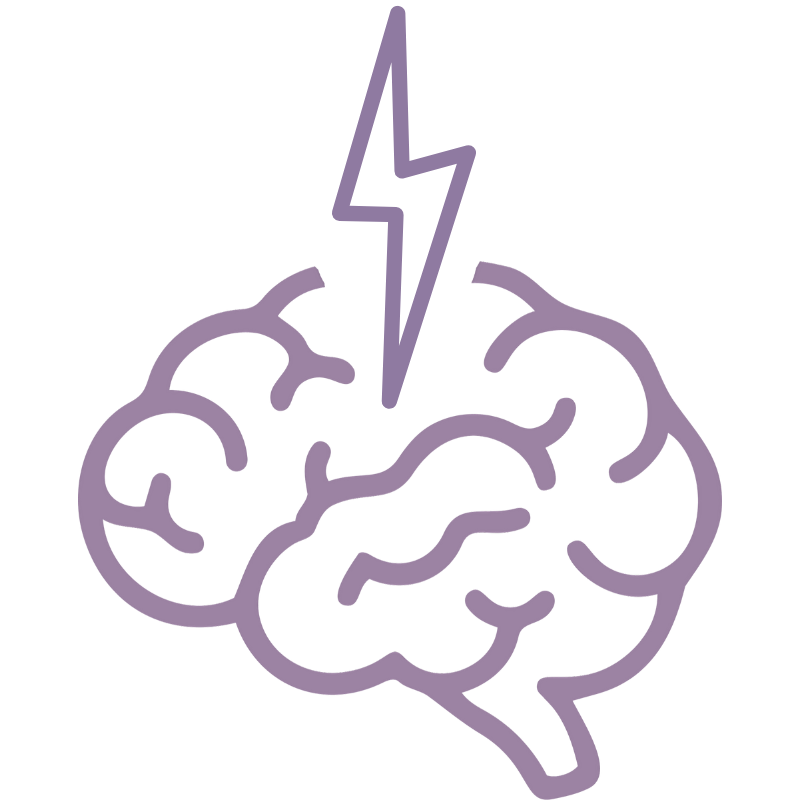 A purple line drawing of a human brain with a lightning bolt symbol centered above it.