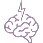 A purple line drawing of a human brain with a lightning bolt symbol centered above it.