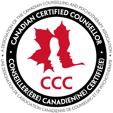 Logo for Canadian Certified Counsellor (CCC). A red maple leaf with human profiles inside, set within a circular black border.