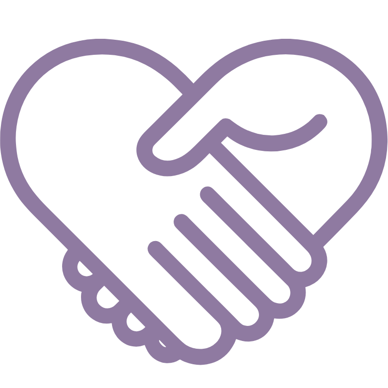A purple, simple line drawing of two hands shaking, forming the shape of a heart.