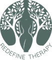 A sage green circular logo featuring a stylized figure blending into tree branches, with text reading