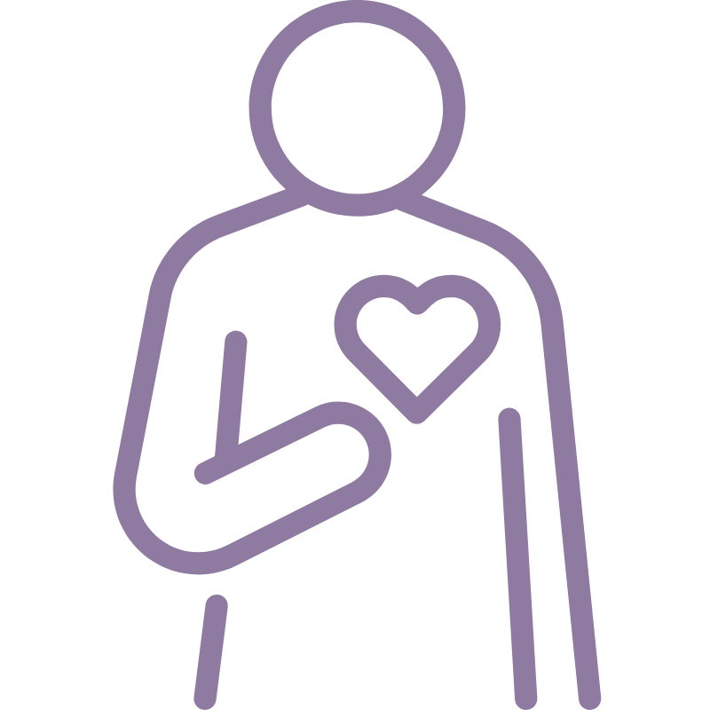 A lavender line-art icon of a person with a heart shape positioned over their chest.
