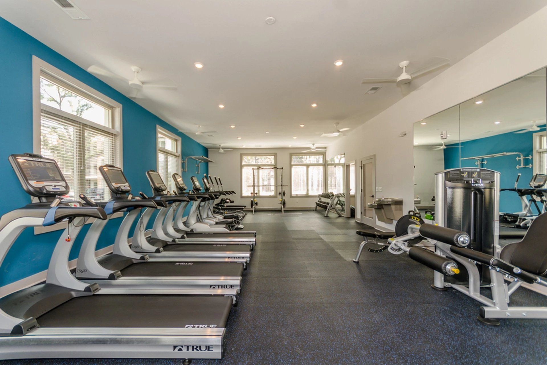 A large gym with a lot of treadmills and exercise equipment.