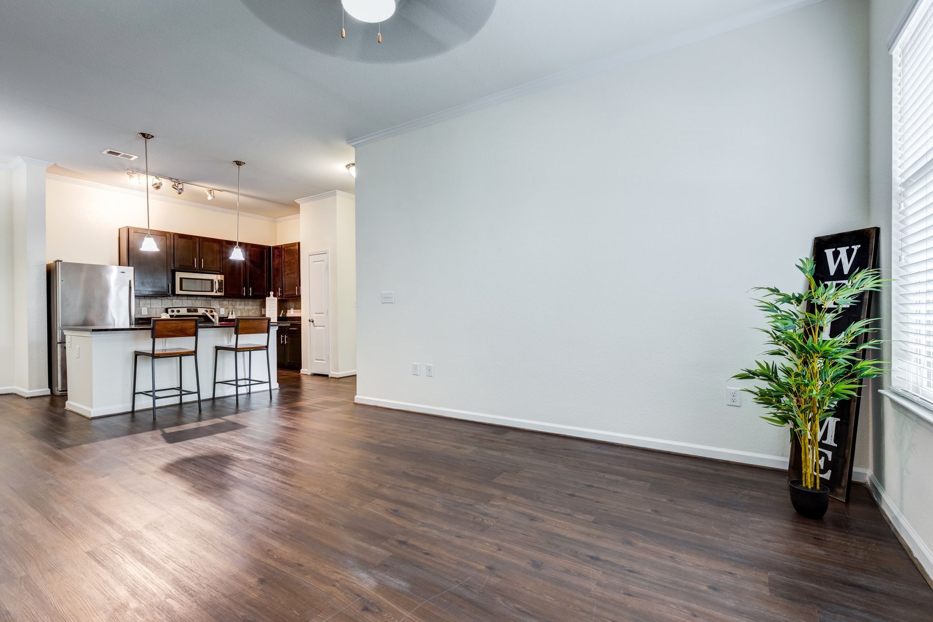 Open-concept living space with dark wood floors, white walls, kitchen, and decorative plant next to a window at Town Center at Lake Carolina in Columbia, SC.
