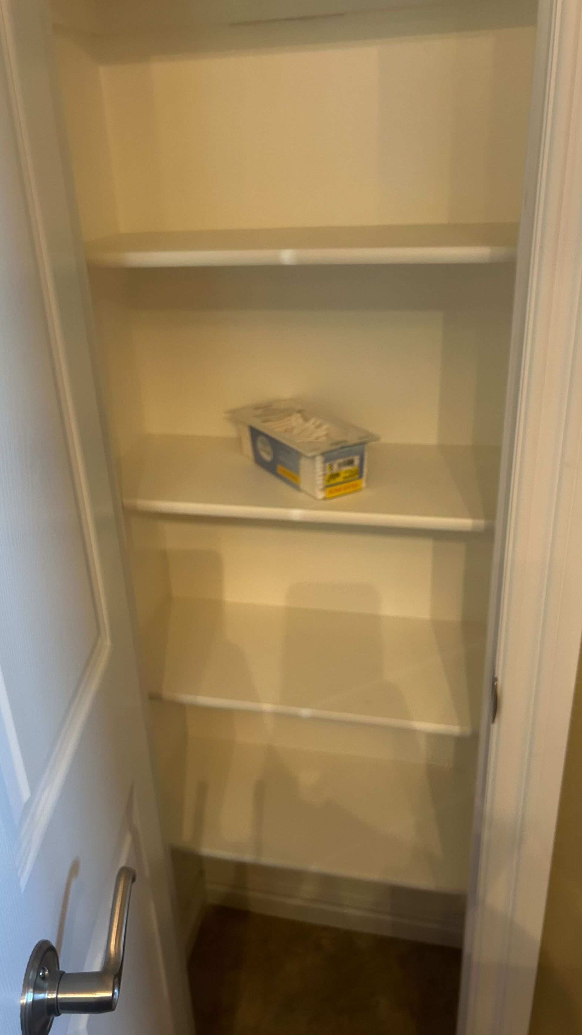 A closet with empty shelves and a box of tissues on the shelf.