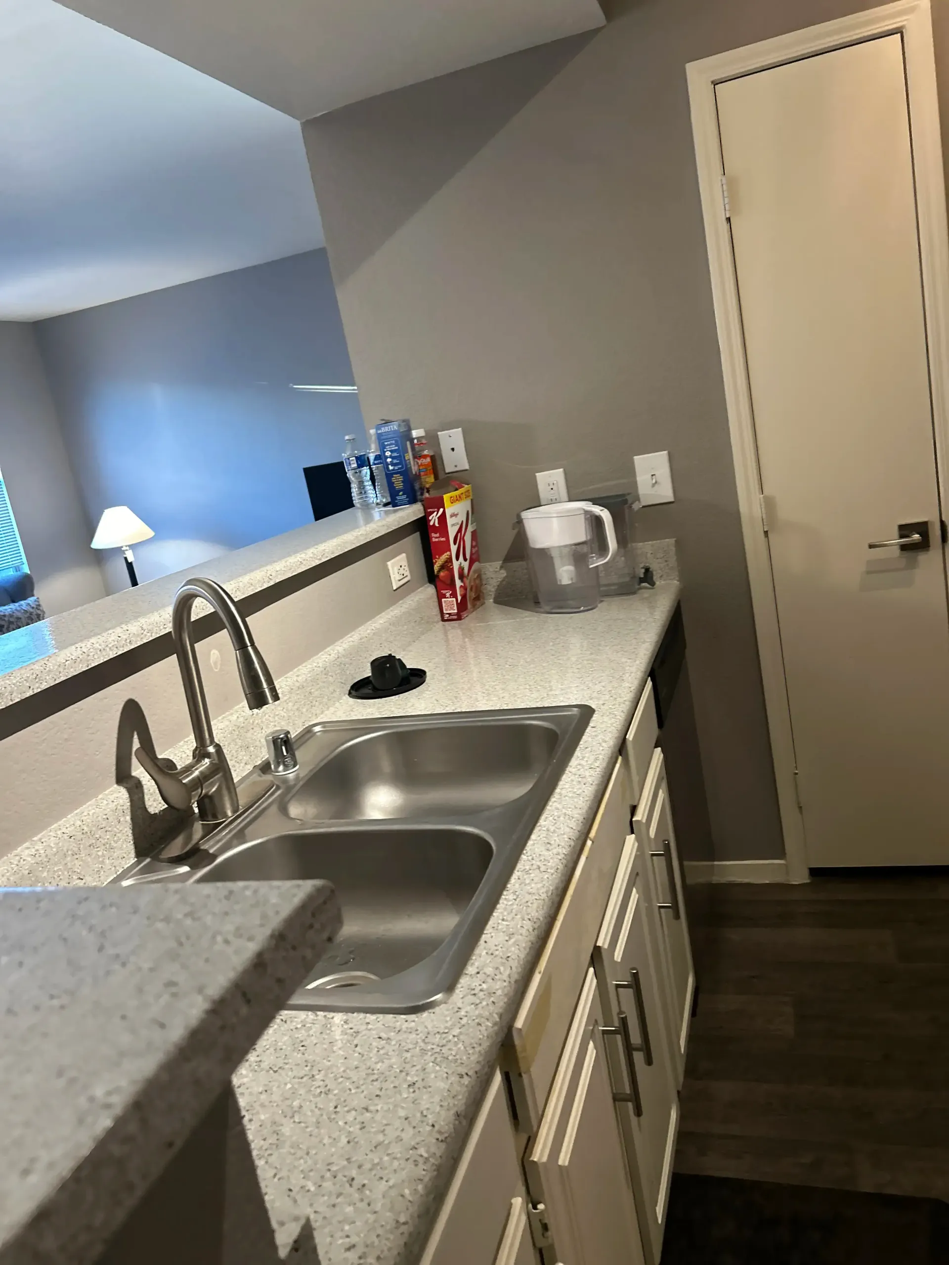 A kitchen with a sink , cabinets , and a door.