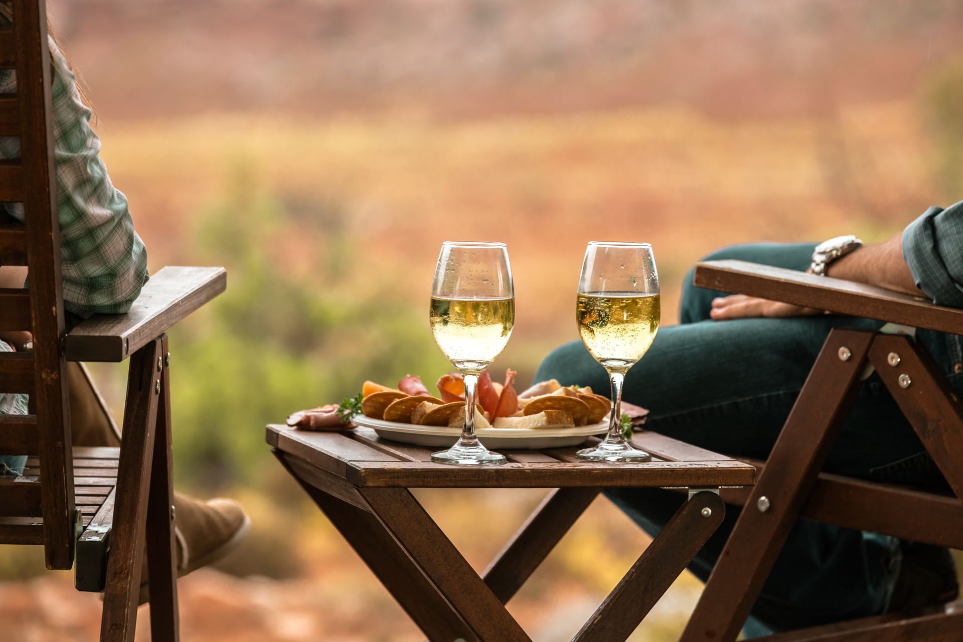 Two people are sitting in chairs with glasses of wine and food on a table.