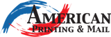 Logo for American Printing & Mail: text over blue and red paint strokes.