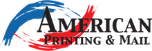 Logo for American Printing & Mail: text over blue and red paint strokes.