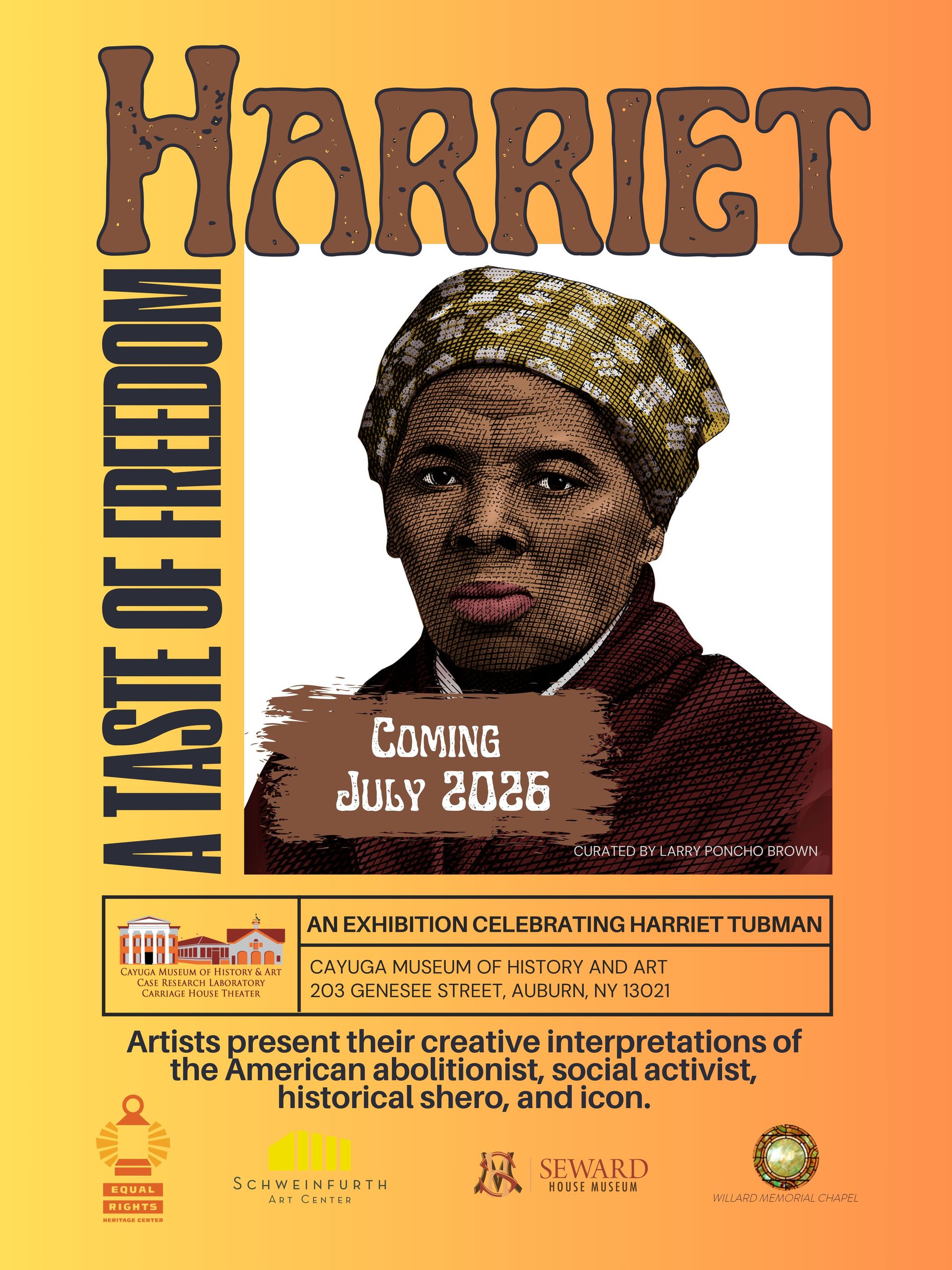 Poster for “Harriet” with a portrait, orange border, and text “A TASTE OF HISTORY” and “COMING JUNE 2025”