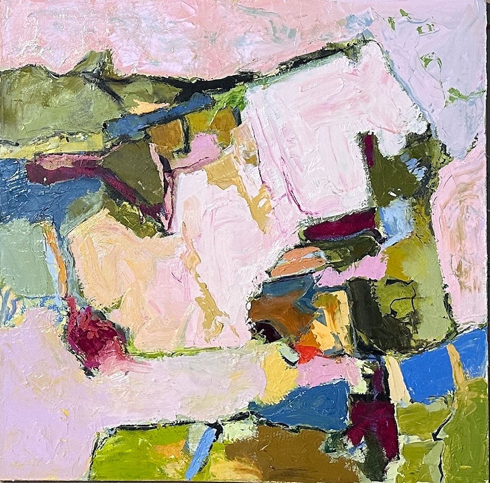 Abstract landscape painting with pink, green, blue, and yellow blocks.