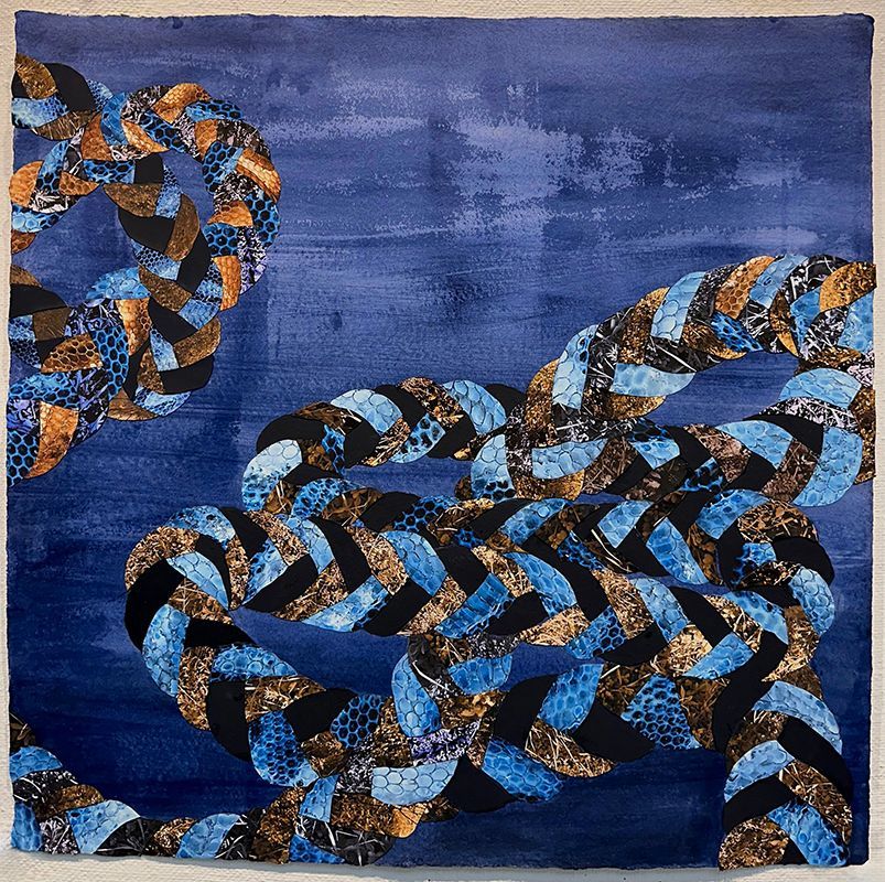 Braided rope design in blue, black, and copper tones against a blue background.