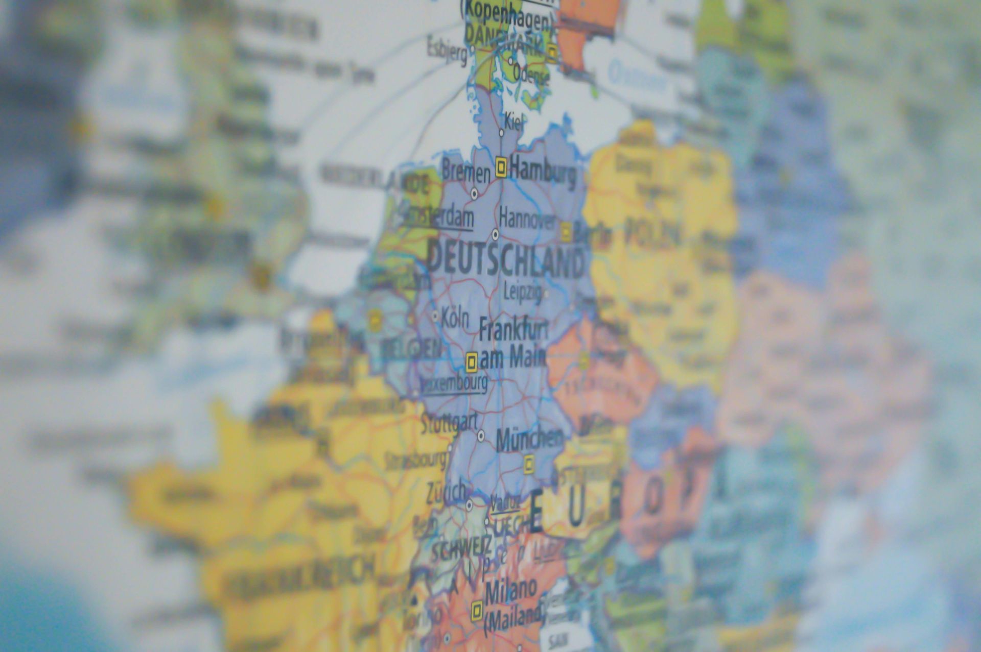 Map of Germany, showing the country and bordering nations in colorful detail.