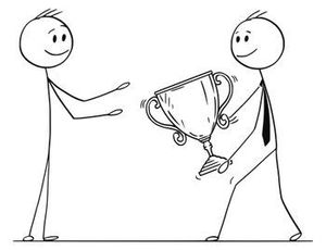 A stick figure is giving a trophy to another stick figure.