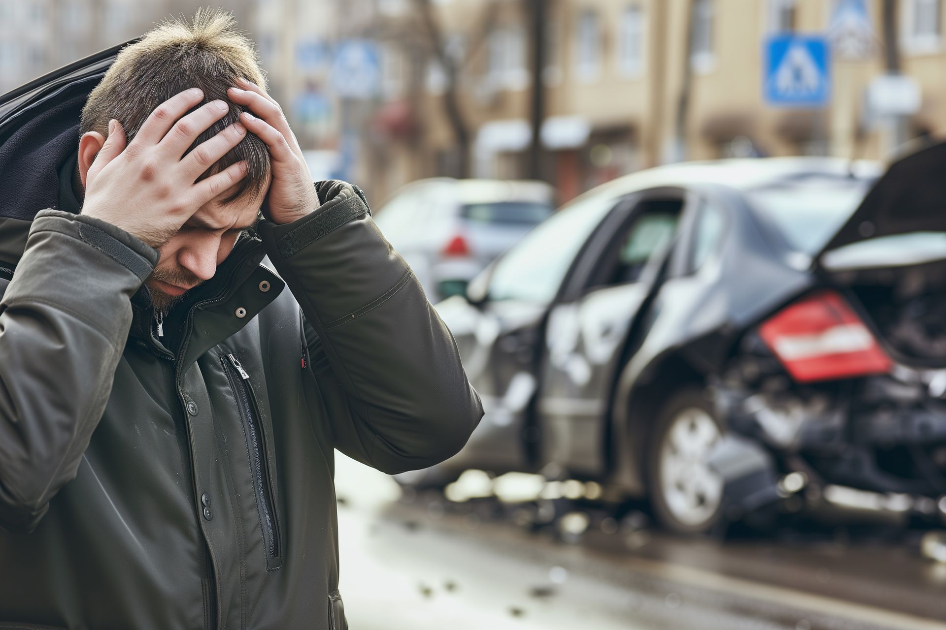 Man holds his head in distress near a damaged car in a city street.
