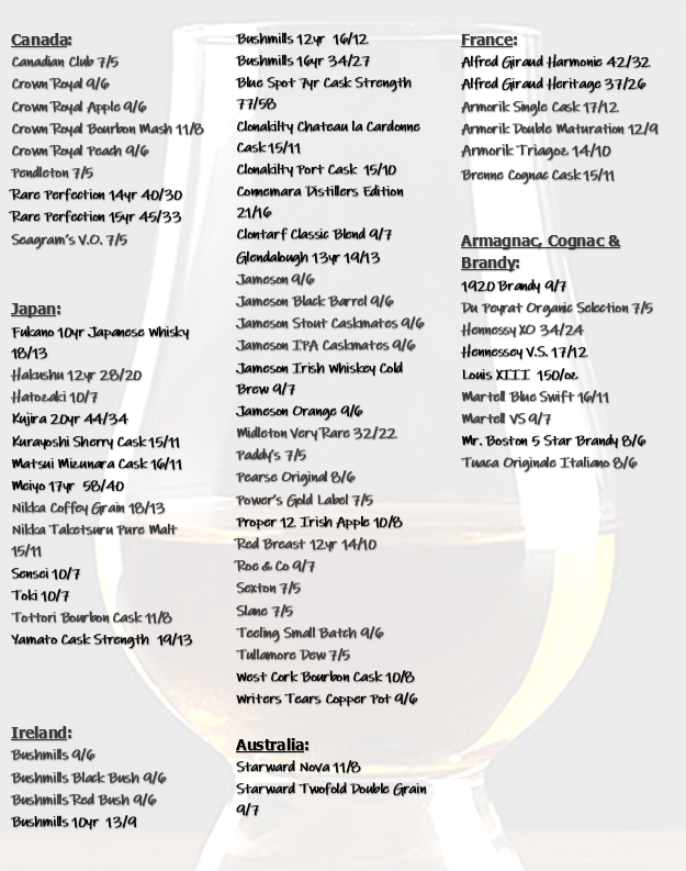 The Charred Oak Tavern-Whiskey List
