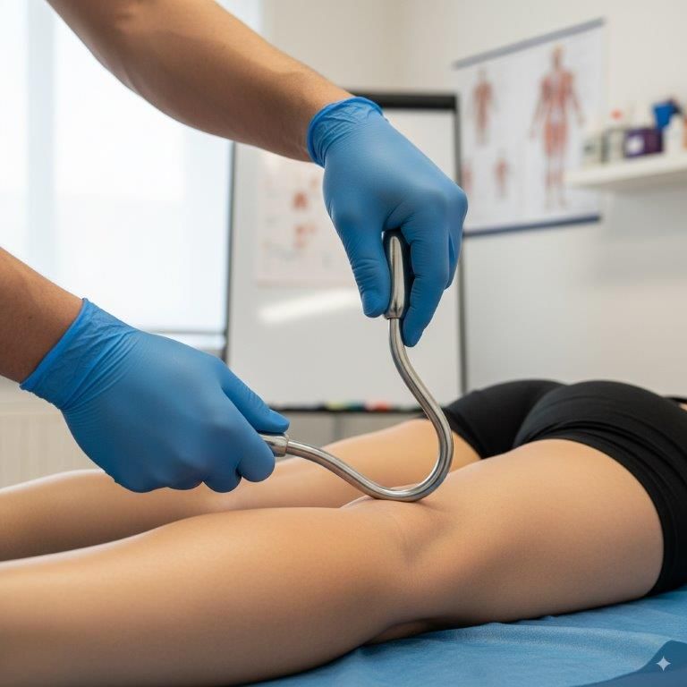 Mani in guanti blu che utilizzano uno strumento metallico uncinato sul ginocchio di una persona in un ambiente medico.