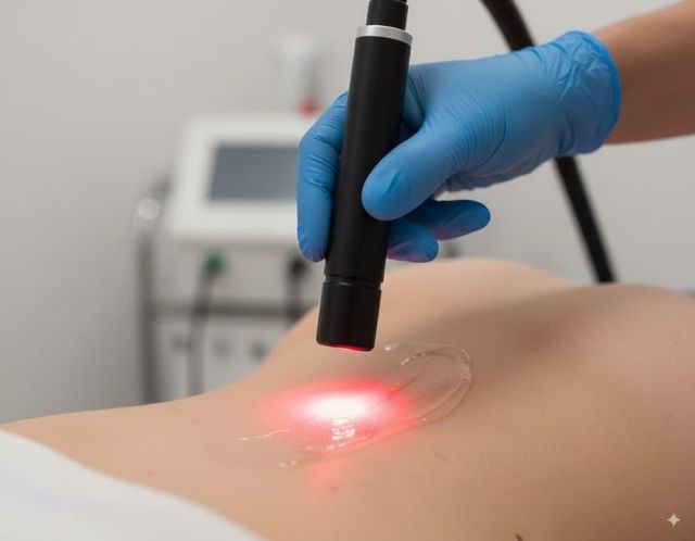 Una persona sottoposta a trattamento laser nella parte bassa della schiena; una mano in un guanto blu regge un dispositivo laser.