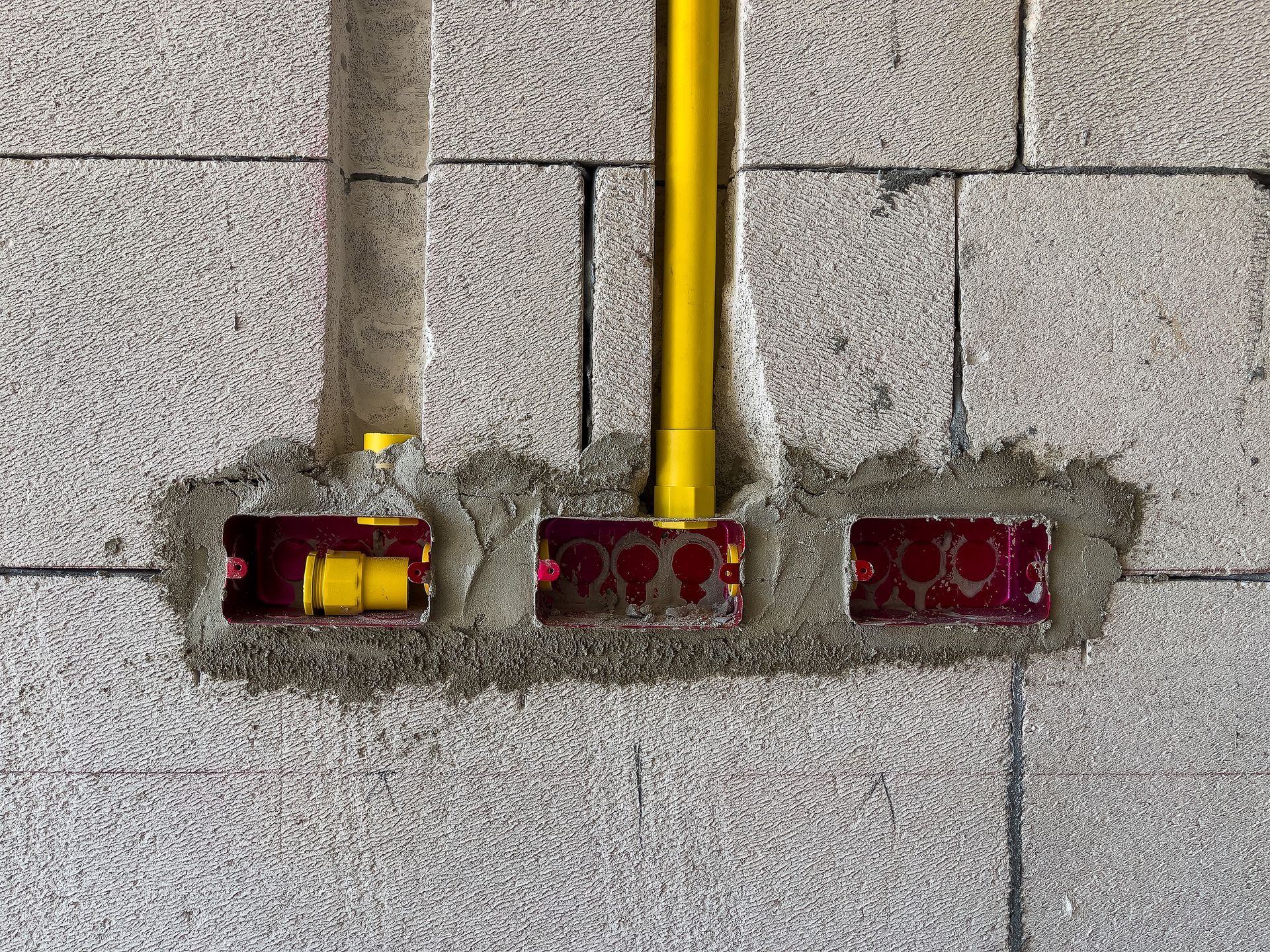 A yellow pipe is coming out of a hole in a brick wall.