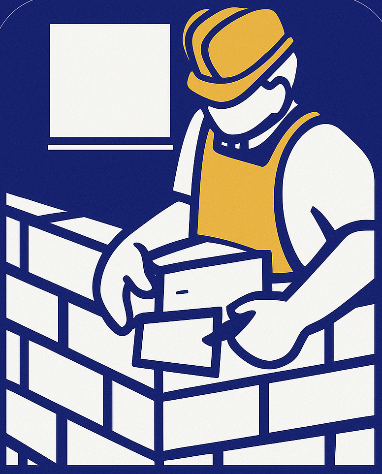 Un ouvrier du bâtiment construit un mur de briques, portant un casque et un tablier jaune.