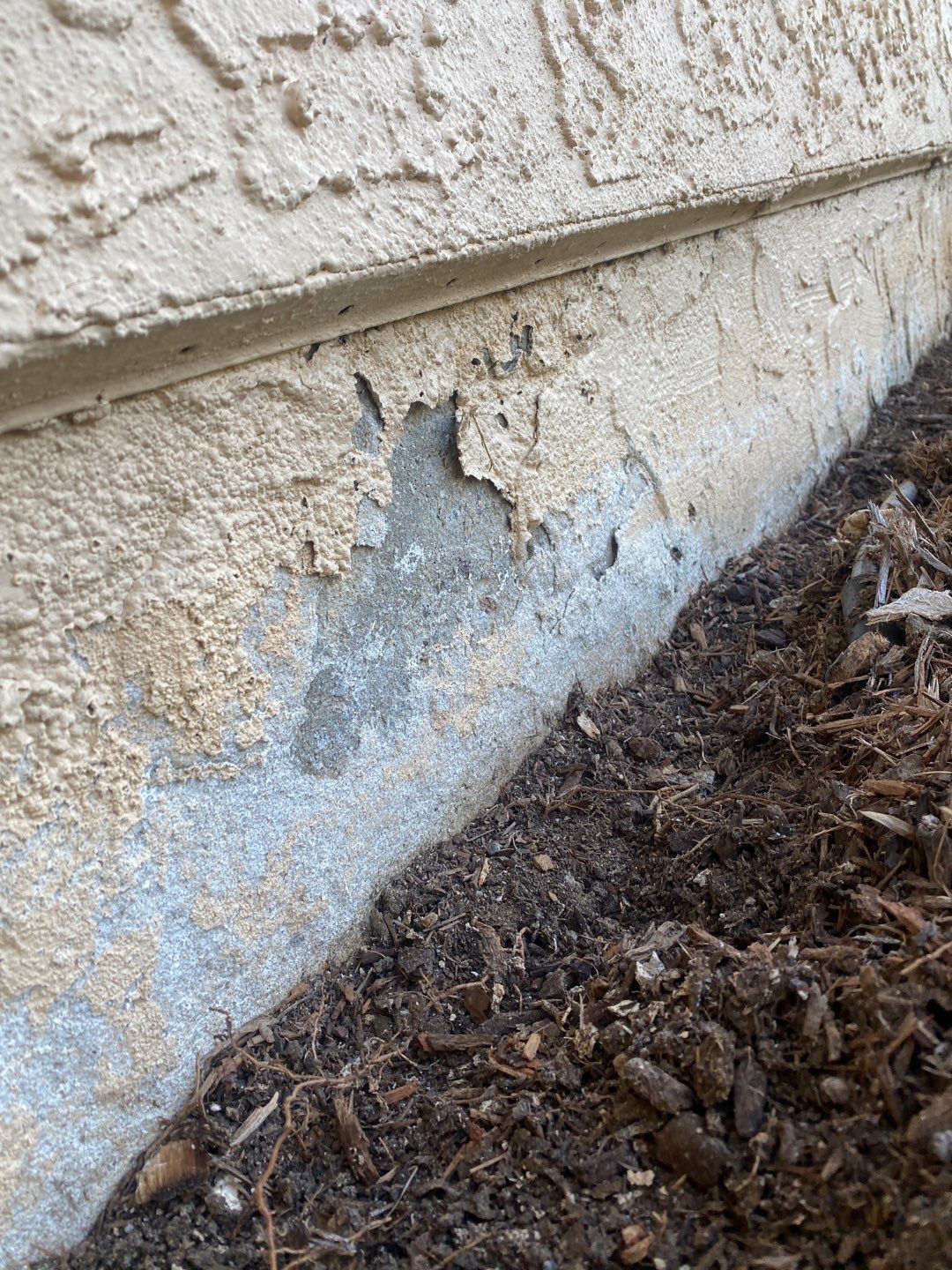 Damaged stucco on a building's foundation next to a bed of dark mulch.