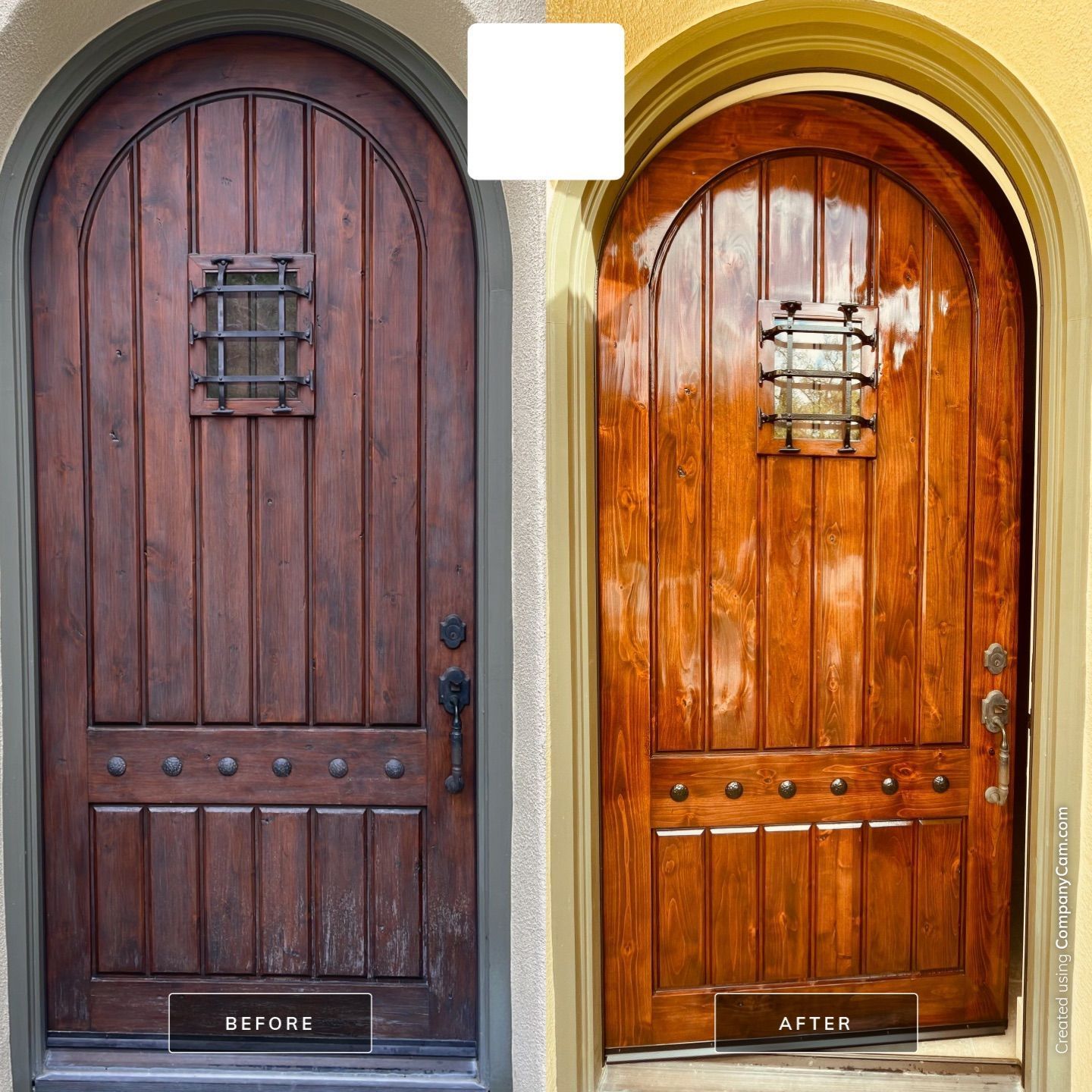 Before-and-after of a wooden arched door that has been refinished as a lighter color with a glossy finish.