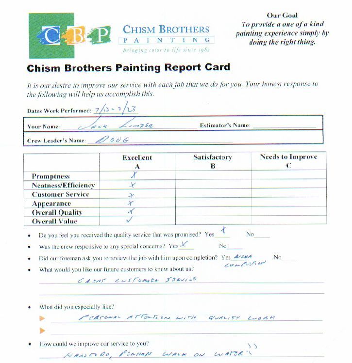 Chism Brothers Painting Report Card; customer survey on painting service with ratings and comments.