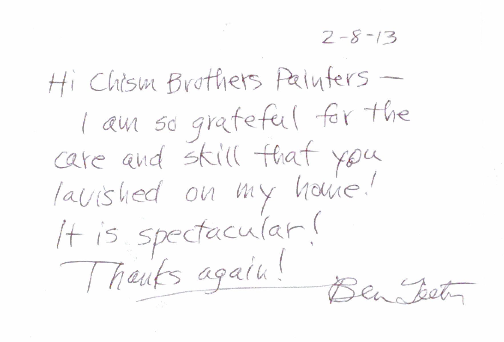 Handwritten thank you note to Chism Brothers Painters, dated 2-8-13, signed by Ben Jeet.