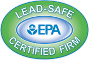 Lead-Safe Certified Firm seal with the EPA logo inside an oval, surrounded by green text and a blue outline.