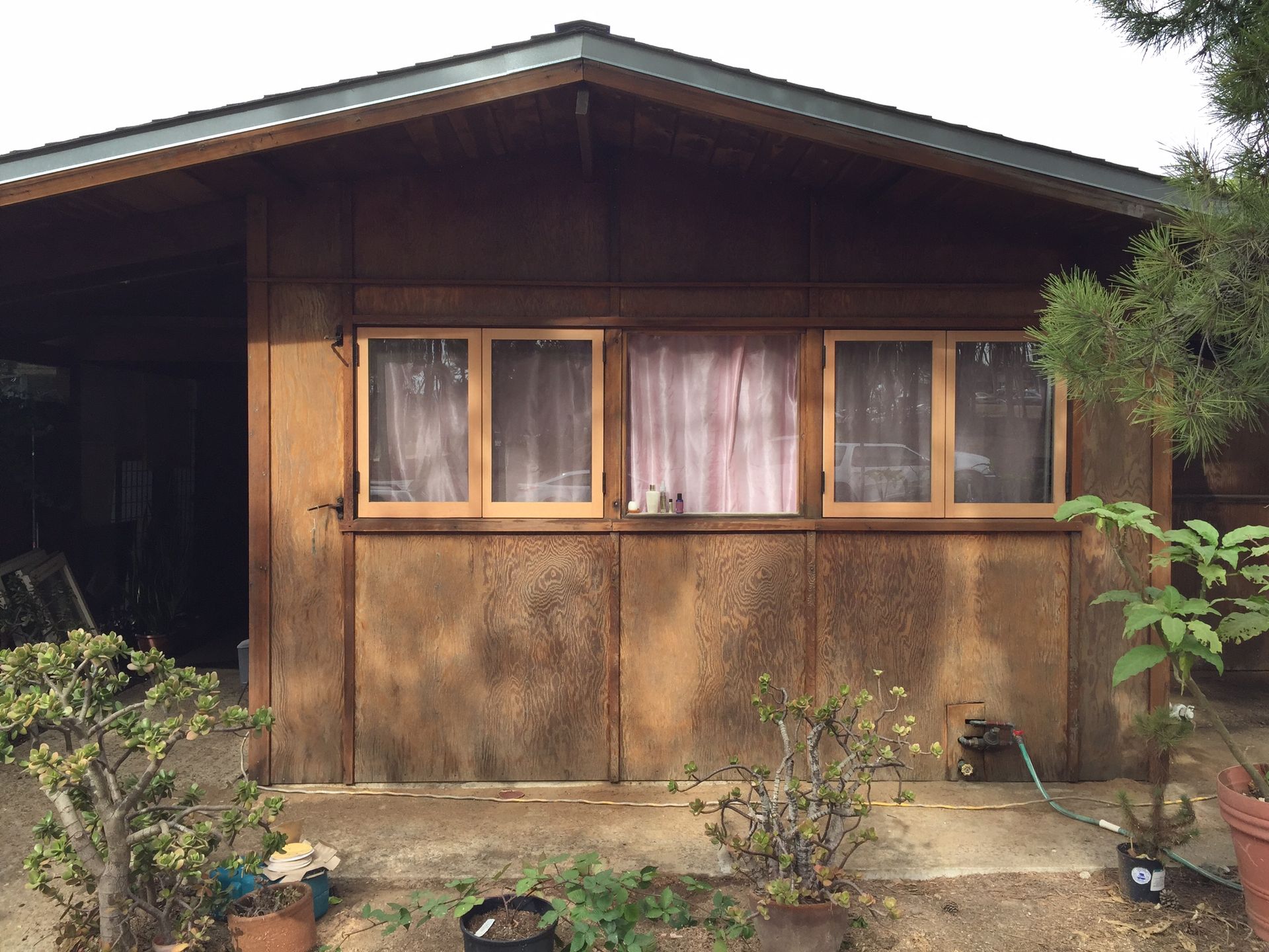 Wooden shed with three windows, a covered side, and potted plants in front.