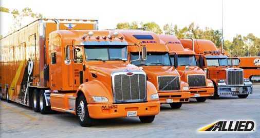 Four orange Allied semi-trucks lined up, including one with a trailer, outside, with the company logo.