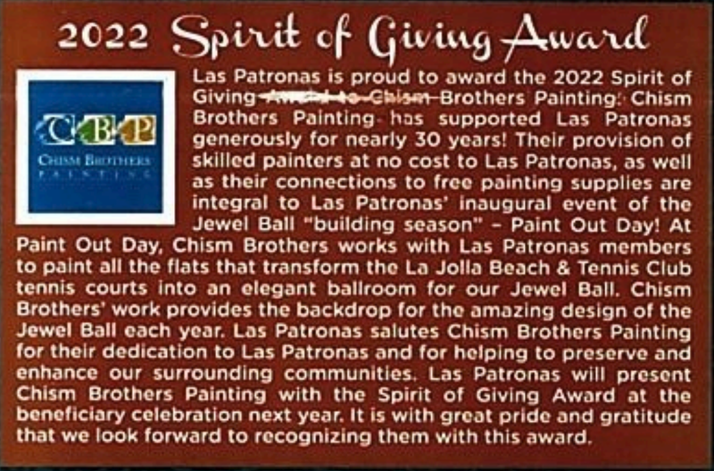 Award plaque: 2022 Spirit of Giving to Chism Brothers Painting for supporting Las Patronas, with logo and text.